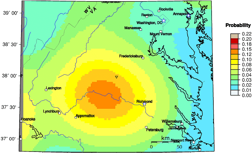 probability of earthquake greater than 4.75 magnitude within next 100 years (central Virginia)