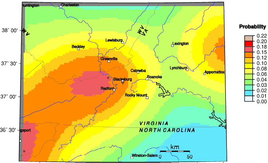 probability of earthquake greater than 4.75 magnitude within next 100 years (southwest Virginia)