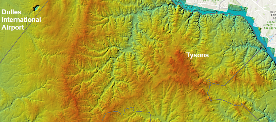 the highest point in Fairfax County is Tysons, but there is also a ridge on the western side of the county