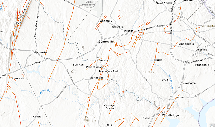 faults in Prince William County show the boundaries of terranes accreted to Laurentia, effects of the Alleghenian orogeny and breakup of Pangea, and slumping in the Coastal Plain