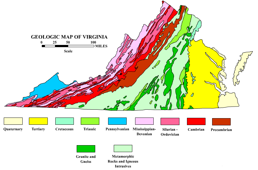 different geologic regions of Virginia can be defined by the different ages of the bedrock, and/or the different types of bedrock