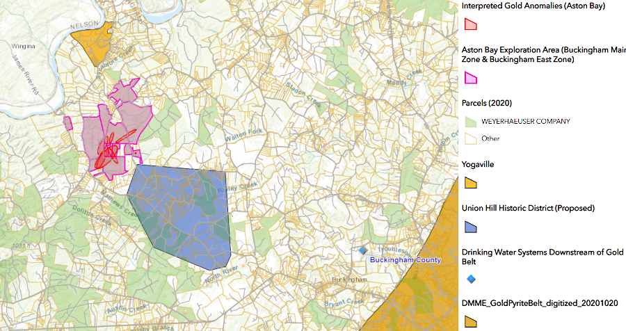 the Buckingham County deposit explored by Ashton Bay Holdings is located in the Western Piedmont terrane, not the gold-pyrite belt of the Chopawamsic Terrane