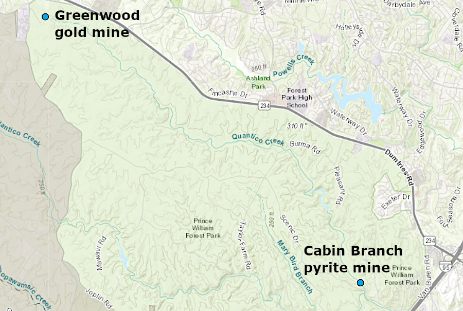 the Greenwood gold mine was upstream from the Cabin Branch pyrite mine