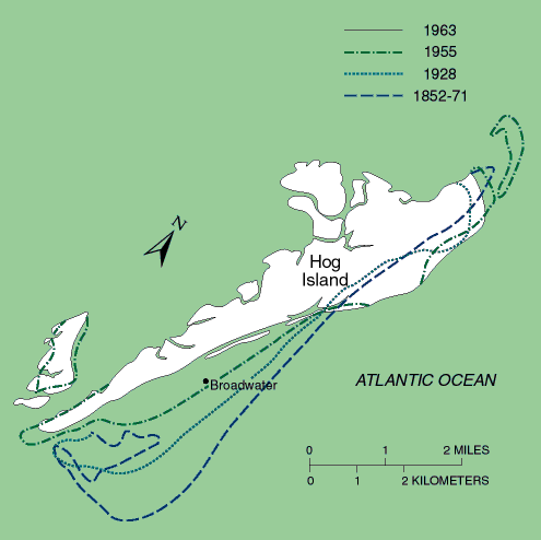 shoreline changes at Hog Island, 1852-1963