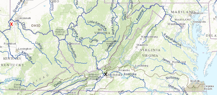 Mary Draper Ingles was captured in 1755 on the New River (black X) and carried to Big Bone Lick on the Ohio River (red X)