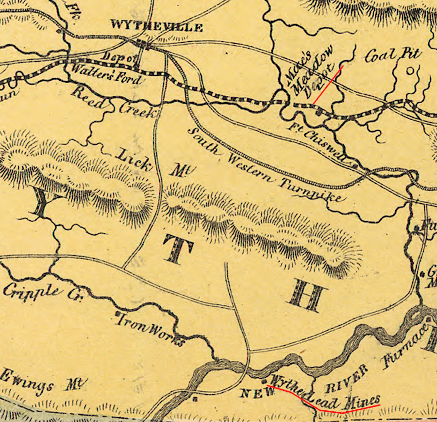 after construction of the Virginia and Tennessee Railroad, lead was shipped to the Max Meadows depot