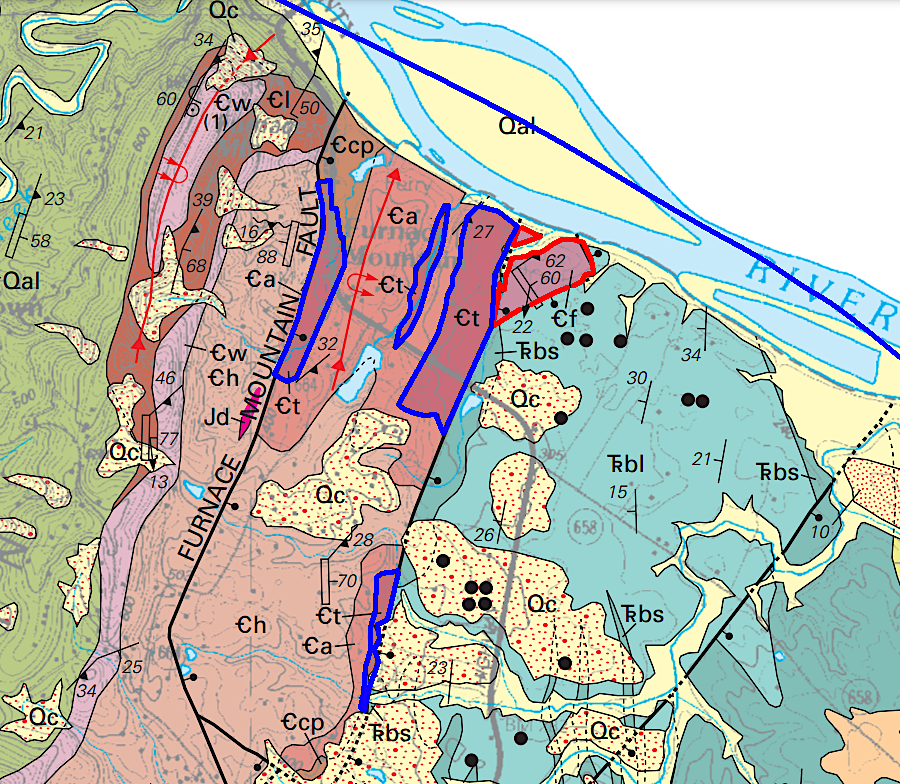 Tomstown Formation dolostone (red polygons) and Frederick Limestone (red polygons) from the Cambrian era are exposed east of Furnace Mountain in the northern edge of Loudoun County