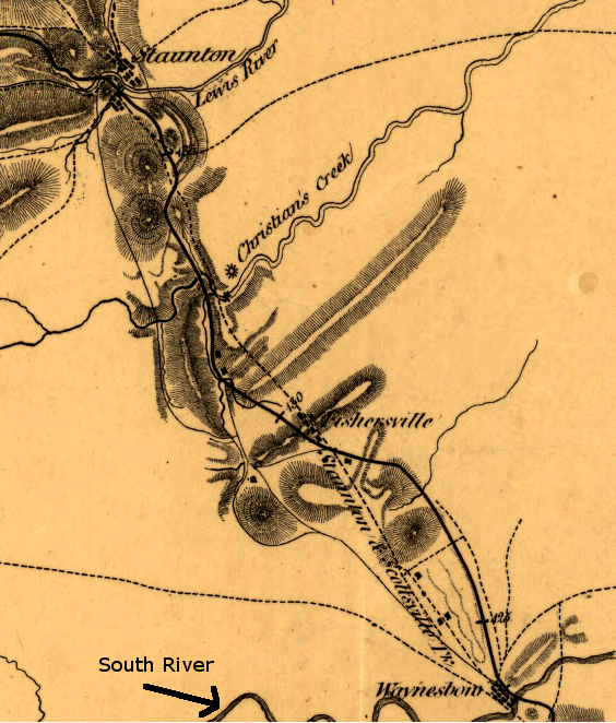 Louisa Railroad route from South River west to Staunton