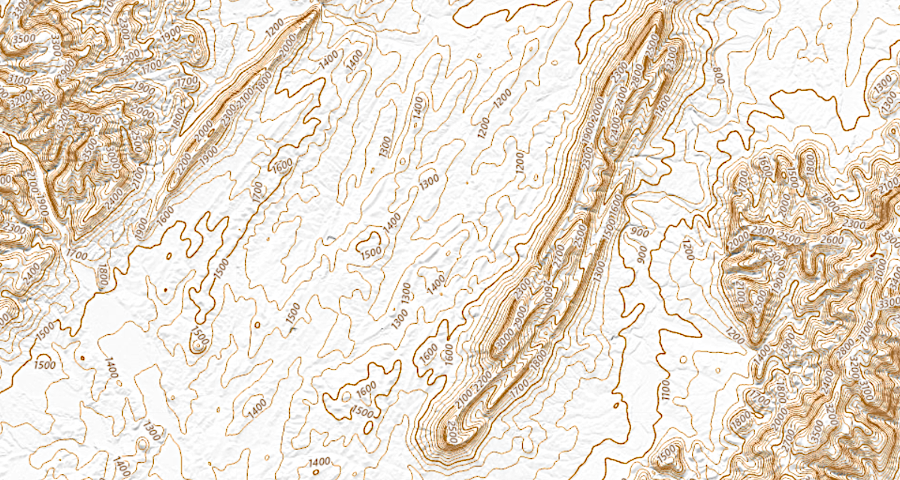 elevation contours of the Shenandoah Valley, with southern end of Massanutten Mountain