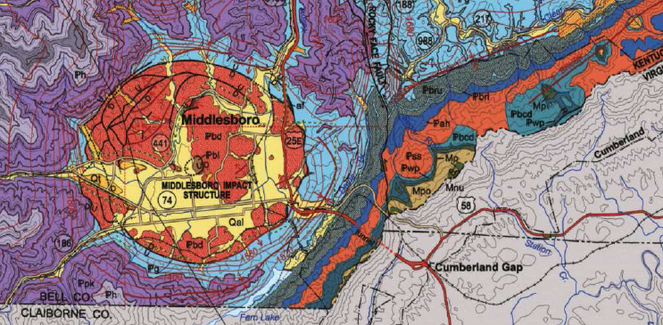 a bolide struck over 300 million years ago near modern-day Cumberland Gap, and the town of Middlesboro (Kentucky) developed in that crater