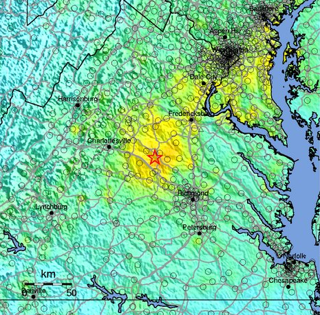 intensity of ground motion in 2011 Mineral quake