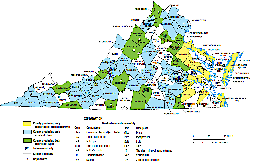 major nonfuel-mineral-producing areas in Virginia
