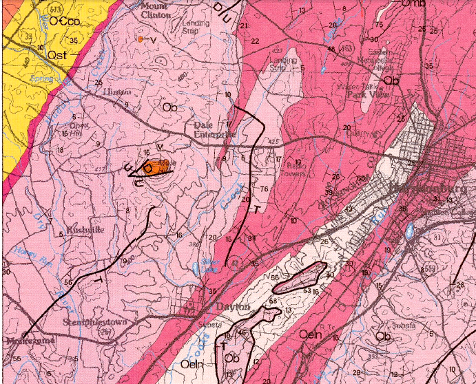 distinctive geology of Mole Hill, west of Harrisonburg in Rockingham County