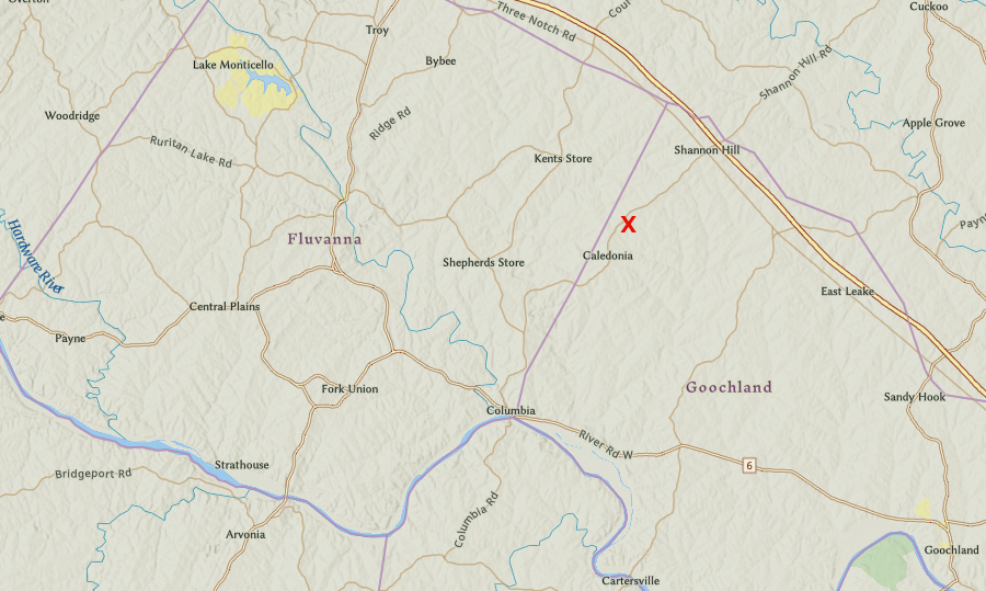 in 2014, Goochland County officials approved re-opening the historic Moss Mine (red X) for gold mining