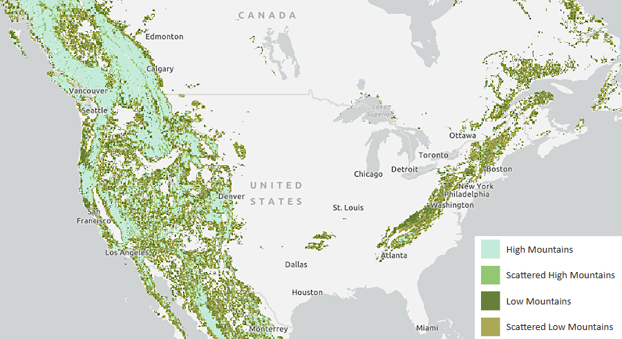 mountainous terrain (however defined) is concentrated on the eastern and western edges of North America