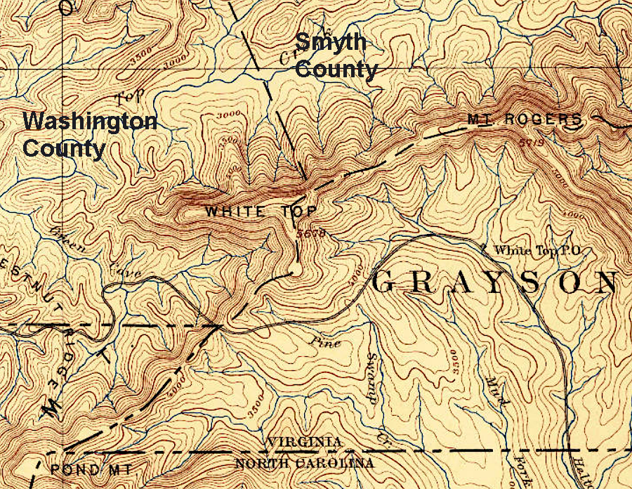 Mount Rogers and Whitetop Mountain are the tallest summits on a ridge that forms the border of Smyth, Grayson, and Washington counties