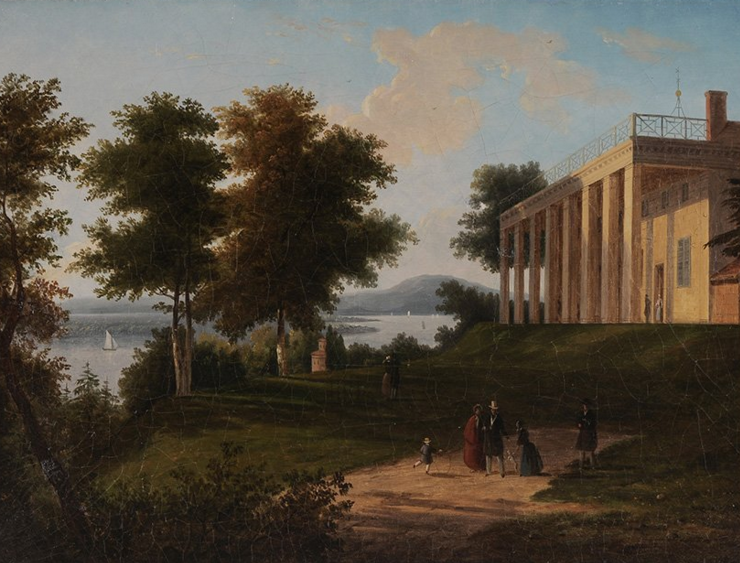 in 1848 a French artist who had never been to Mount Vernon included mountains in the background, after misinterpreting clouds in the engraving used as the basis for his painting