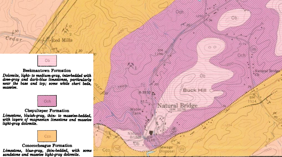 Natural Bridge is an arch of the Beekmantown Formation, roughly 450 million years old