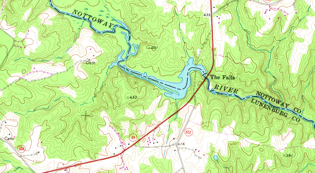 Nottoway Falls is located on the border of Nottoway and Lunenburg counties