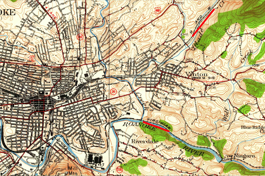 the Norfolk and Western Railroad and the Virginian Railroad took separate routes east from Roanoke