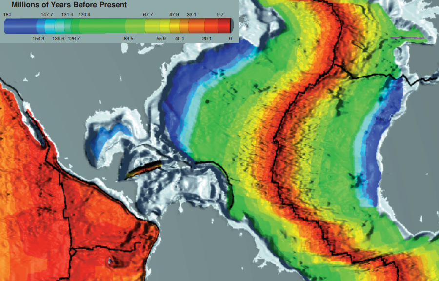 the oldest part of the Atlantic Ocean seafloor is next to Virginia, while the most-recent bedrock just emerged as lava at the Mid-Atlantic Ridge