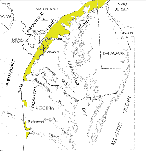 the Potomac Formation is exposed on its western end, but buried deep below the Eastern Shore