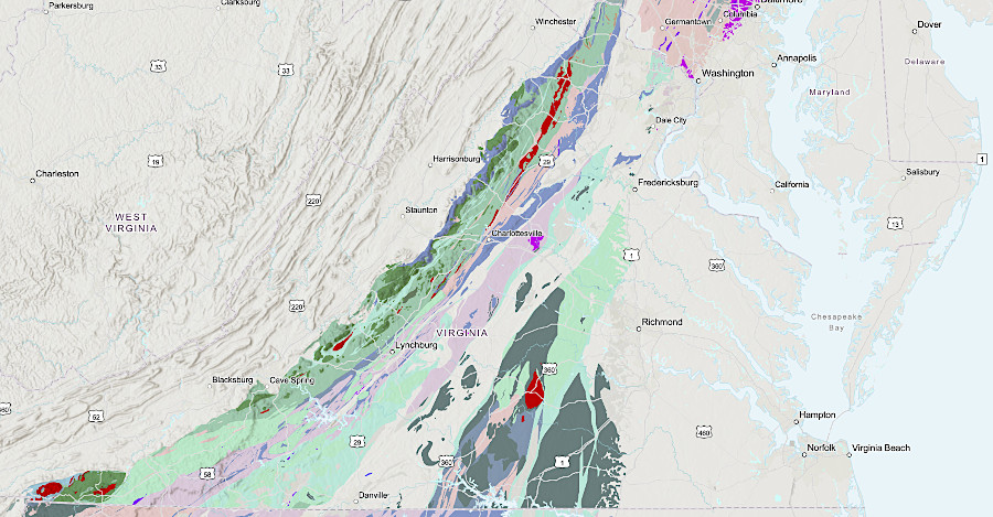 Virginia's oldest rocks, deposited at least 541 million years ago before the Cambrian Period, are buried under younger sediments on the Coastal Plain east of I-95