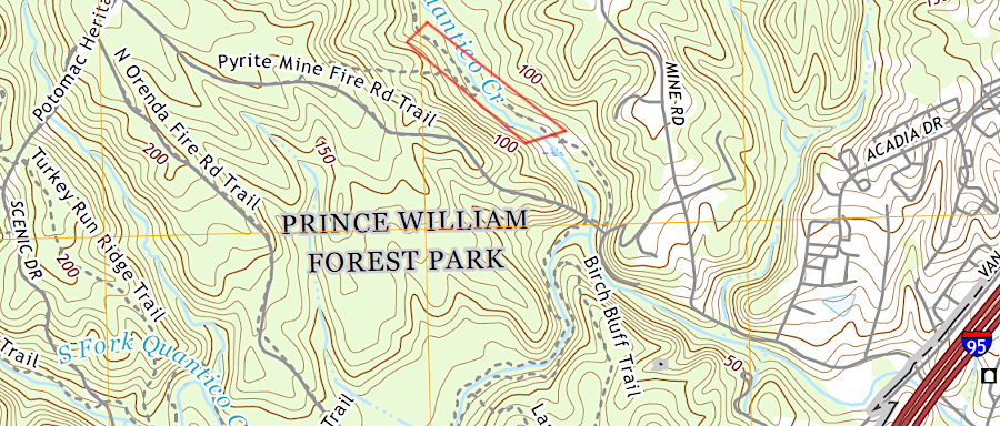 hikers can reach the old Cabin Branch Mine site (red box) by following a 1.2-mile trail in Prince William Forest Park