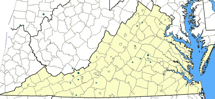 epicenters of significant - felt by people - earthquakes in Virginia (up to 2009, does not show 2011 quake)