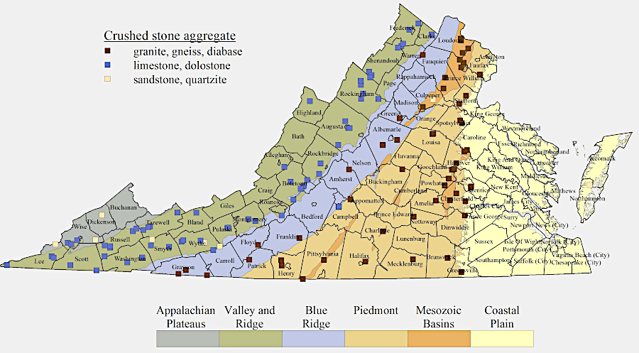 there are quarries producing crushed stone in 60 of Virginia's 95 counties