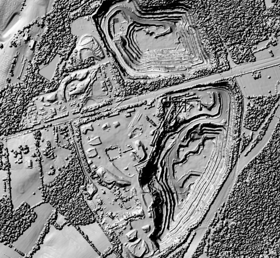 LIDAR reveals the excavation of basalt quarries in Fairfax County, just east of Stone Bridge over Bull Run