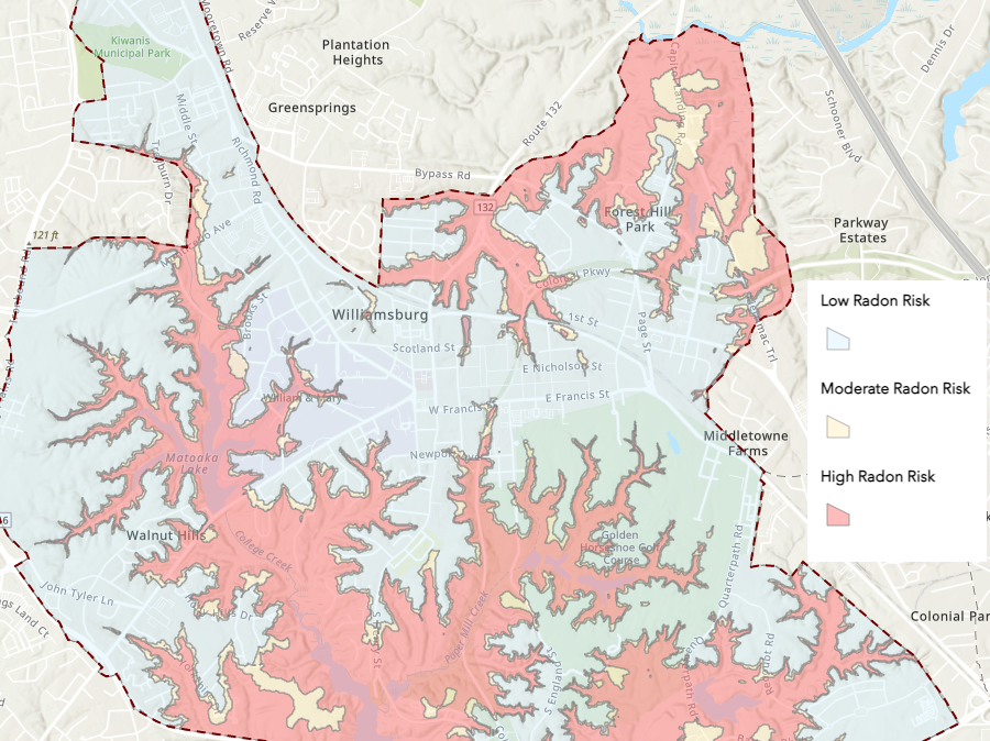 houses in Williamsburg with basements in the Yorktown Formation are at greatest risk of radon exposure