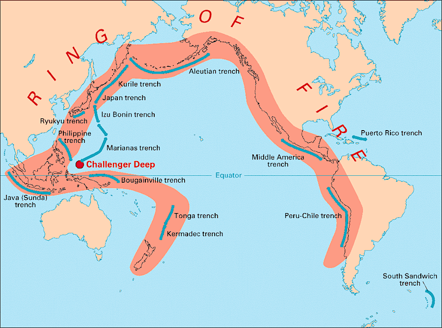 underwater and land-based volcanoes form a Ring of Fire where crust is being subducted on the edges of the Pacific Ocean