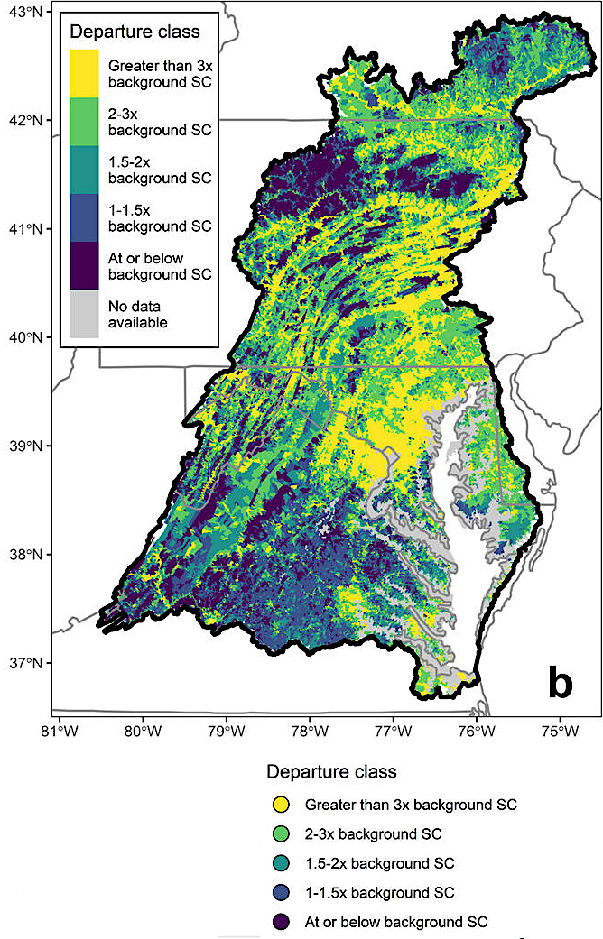 specific conductance (SC), a proxy for salinity, shows that two-thirds of stream reaches in the Chesapeake Bay watershed had elevated salinity compared to background levels by 2016