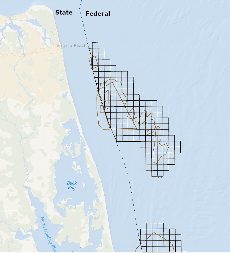 sand resources (brown lines) are both inside and outside the Submerged Lands Act Boundary, but Federal lease areas (black squares) must be at least three miles offshore