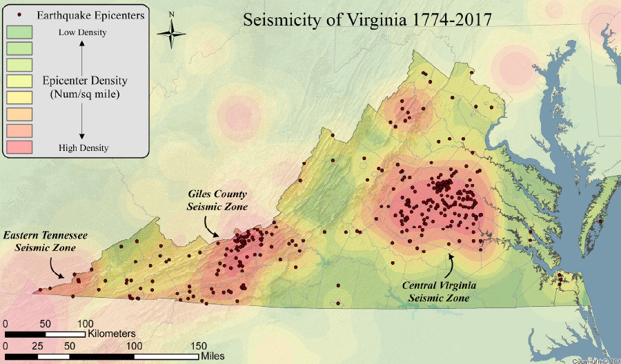 the three seismic zones in Virginia are defined by the frequency of earthquakes