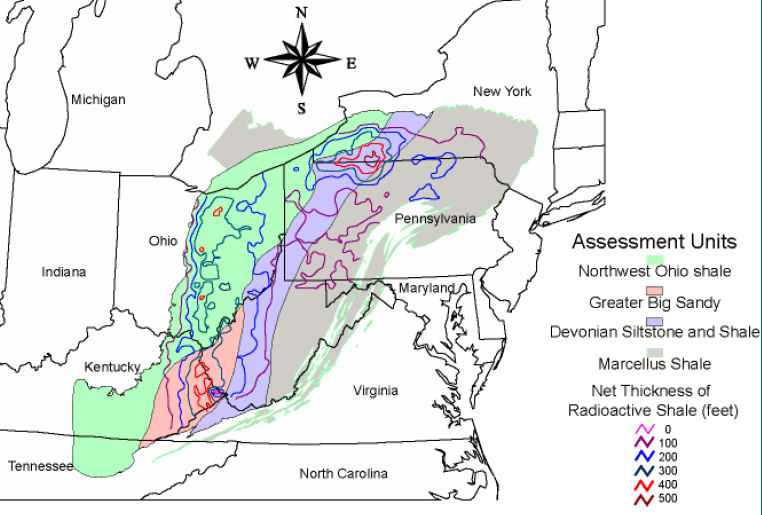 Devonian sediments with natural gas potential are located in Virginia, but the Marcellus Shale layers are relatively thin compared to other states