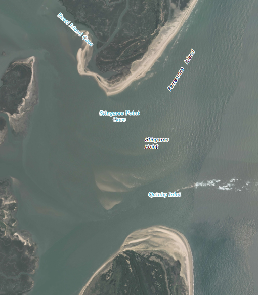 Stingaree Point is growing as longshore currents carry sand south, but currents in Quinby Inlet keep a channel clear - for the moment - between Parramore Island and Hog Island