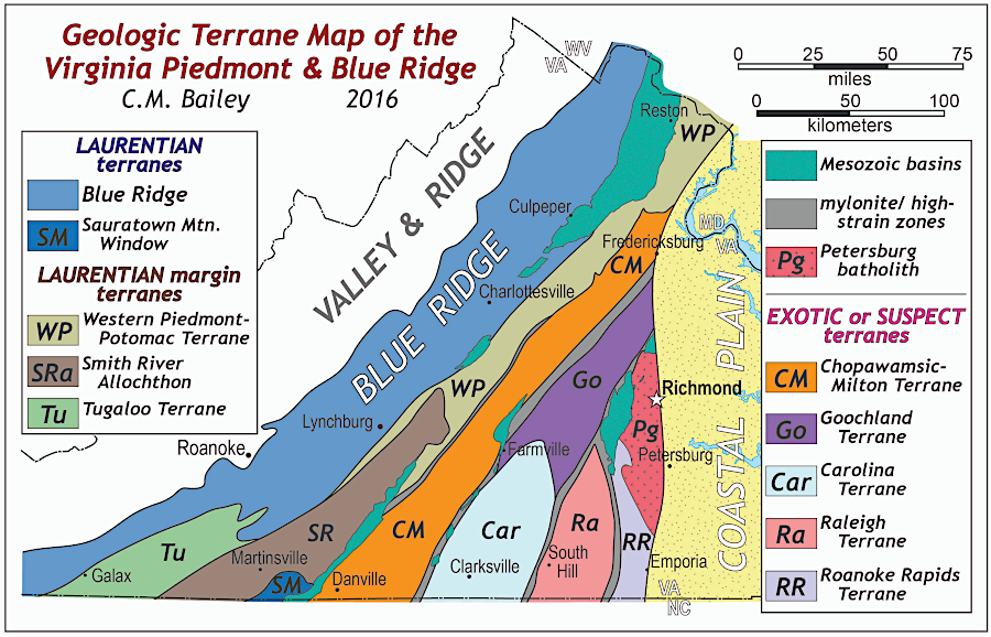 the bedrock of Virginia is composed of multiple terranes, including chucks of rock (exotic or suspect terranes) that migrated to Virginia