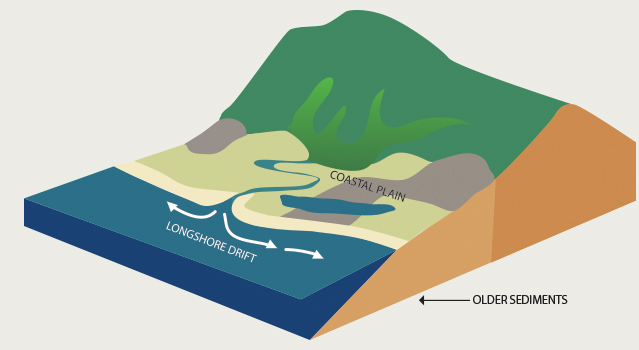 titanium and zircon were transported from the Blue Ridge to the Atlantic Ocean shoreline, where sediments were reworked through wave action