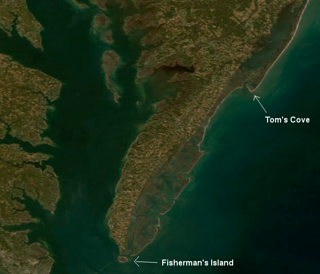 on Virginia's Eastern Shore, barrier islands extend from Assateague Island (with Tom's Cove on southern tip) to Fisherman's Island - and below the Chsapeake Bay, extend to False Cape State Park