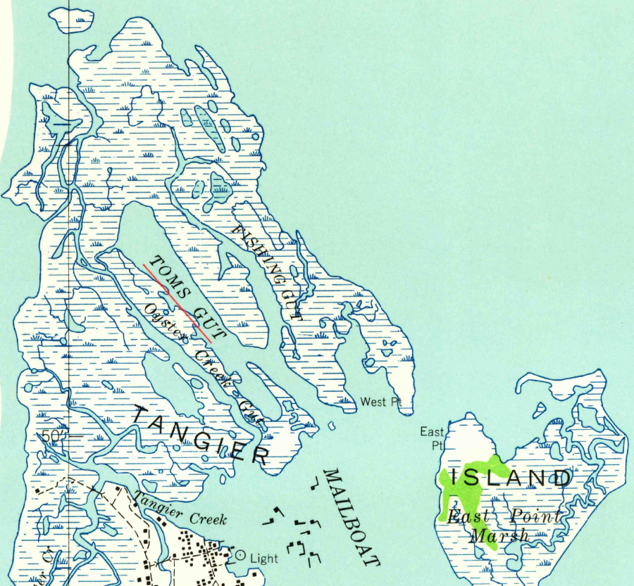 in 1942, Toms Gut stretched only halfway across Uppards on Tangier Island