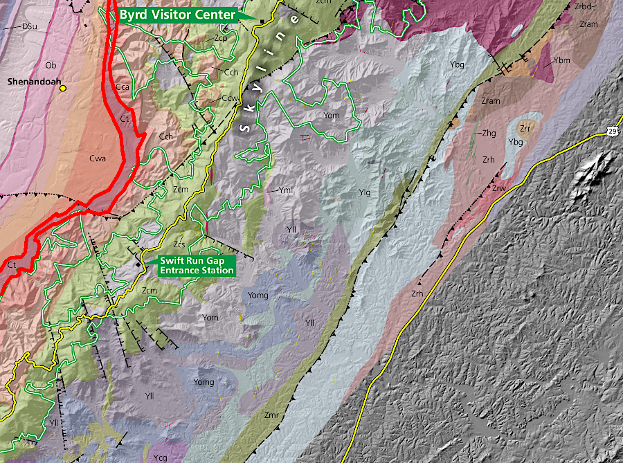 the Tomstown Formation (red polygon) is thicker on the western side of the Blue Ridge