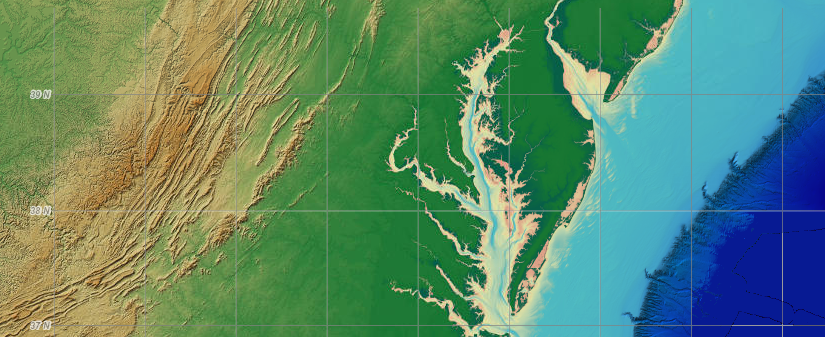 onshore topography and offshore bathymetry of Virginia with a wide Continental Shelf (light blue), the narrow Continental Slope further offshore, and the wider Abyssal Plain (deep blue) extending eastward towards the Mid-Atlantic Ridge