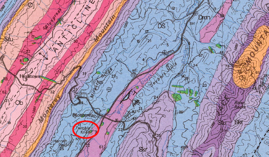 Trimble Knob is one exposure of volcanic intrusions (green polygons) in the Valley and Ridge physiographic province during the Eocene Epoch