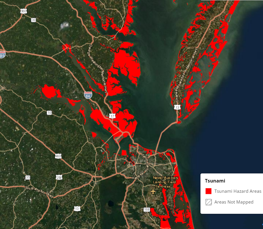 most waterfront property along the Chesapeake Bay is within a tsunami hazard area