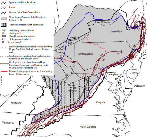 Appalachian basin and the Utica-Lower Paleozoic Total Petroleum System (shale formations with tight gas are primarily outside of Virginia)