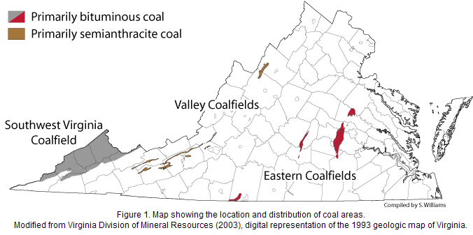 location of Virginia's Eastern, Valley, and Southwest Virginia coalfields