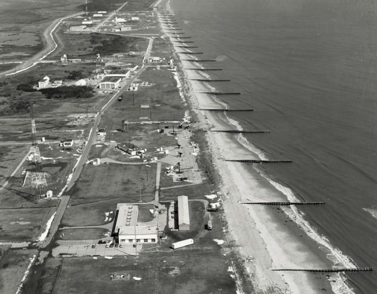 groins built at Wallops Island, shown here in 1969, failed to protect the shoreline because there was not enough sand in longshore currents to trap and replenish the beach