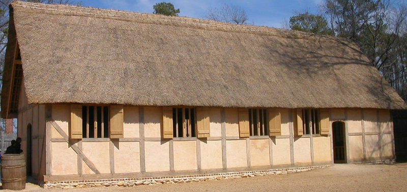 early structures at Jamestown were built from clay and woven strips of wood (wattle-and-daub), as shown in this reconstruction at Jamestown Settlement